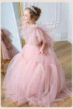 Pink tulle girls princess gown with sequin bodice, ruffled flutter sleeves and tiered train skirt, designed for birthdays and weddings, view 6