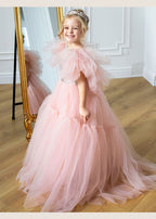 Pink tulle girls princess gown with sequin bodice, ruffled flutter sleeves and tiered train skirt, designed for birthdays and weddings, view 7
