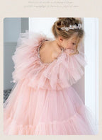 Pink tulle girls princess gown with sequin bodice, ruffled flutter sleeves and tiered train skirt, designed for birthdays and weddings, view 8