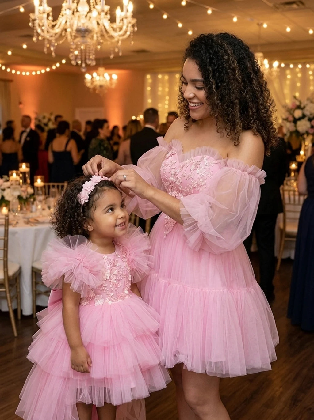 Mother adjusting her daughter's floral headband at a reception, both in matching pink tulle dresses