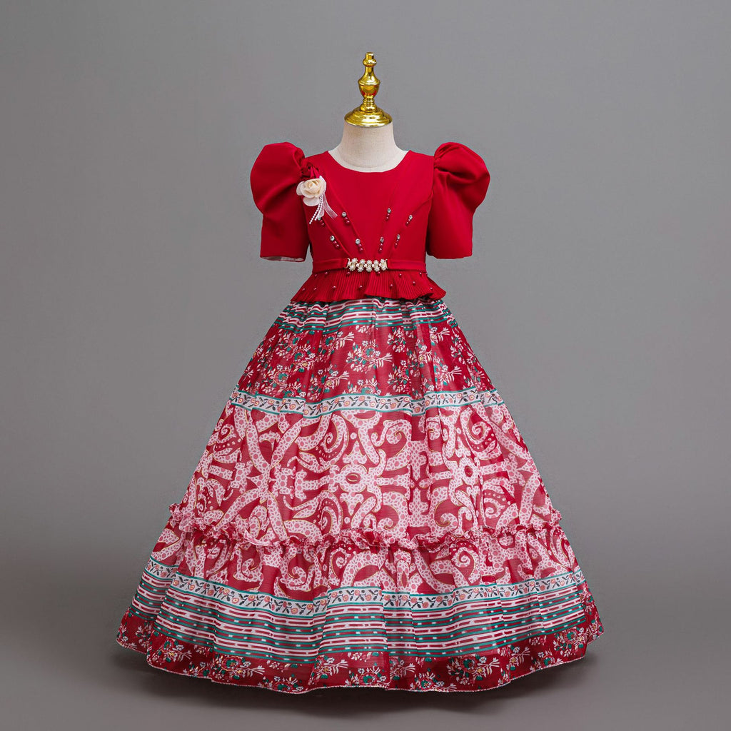 Red printed chiffon girls princess gown with puff sleeves, pearl belt and tiered skirt, designed for birthday parties, view 3
