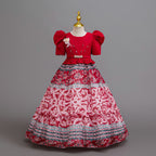 Red printed chiffon girls princess gown with puff sleeves, pearl belt and tiered skirt, designed for birthday parties, view 3