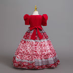 Red printed chiffon girls princess gown back view with sash bow, designed for birthday parties.