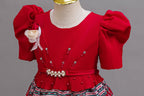 Red girls princess gown bodice with fabric rosette, pearl beads and pearl belt, designed for birthday parties.