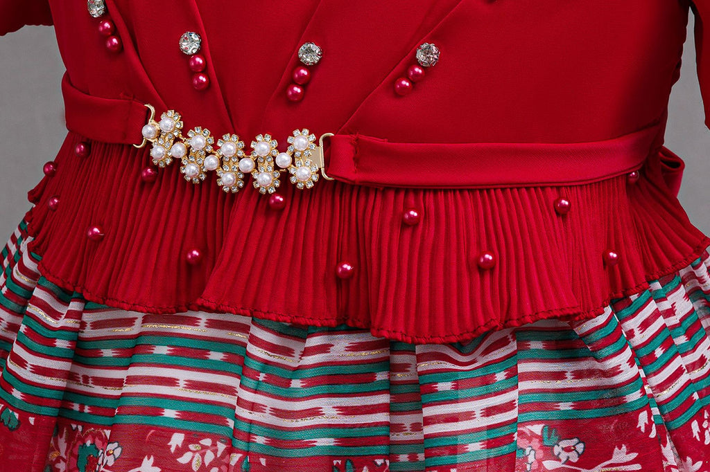 Red girls princess gown waist with pleated ruffle peplum and pearl brooch belt, designed for birthday parties.