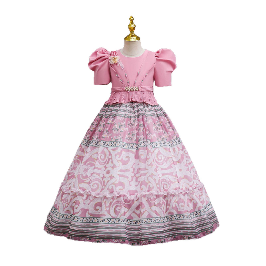 Dusty Pink printed chiffon girls princess gown with puff sleeves, pearl belt and tiered skirt, designed for birthday parties, view 2