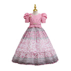Dusty Pink printed chiffon girls princess gown with puff sleeves, pearl belt and tiered skirt, designed for birthday parties, view 2