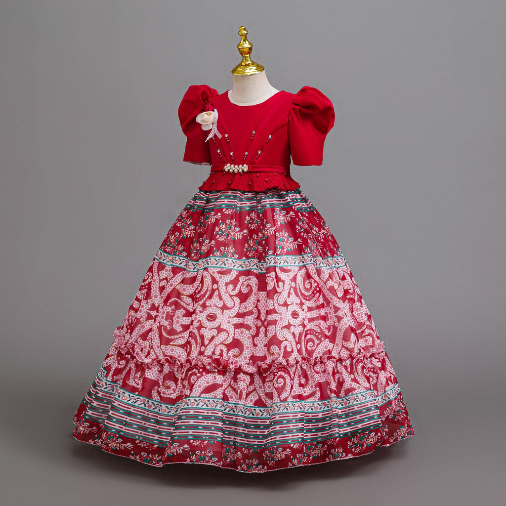 Red printed chiffon girls princess gown with puff sleeves, pearl belt and tiered skirt, designed for birthday parties, view 2