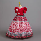Red printed chiffon girls princess gown with puff sleeves, pearl belt and tiered skirt, designed for birthday parties, view 2