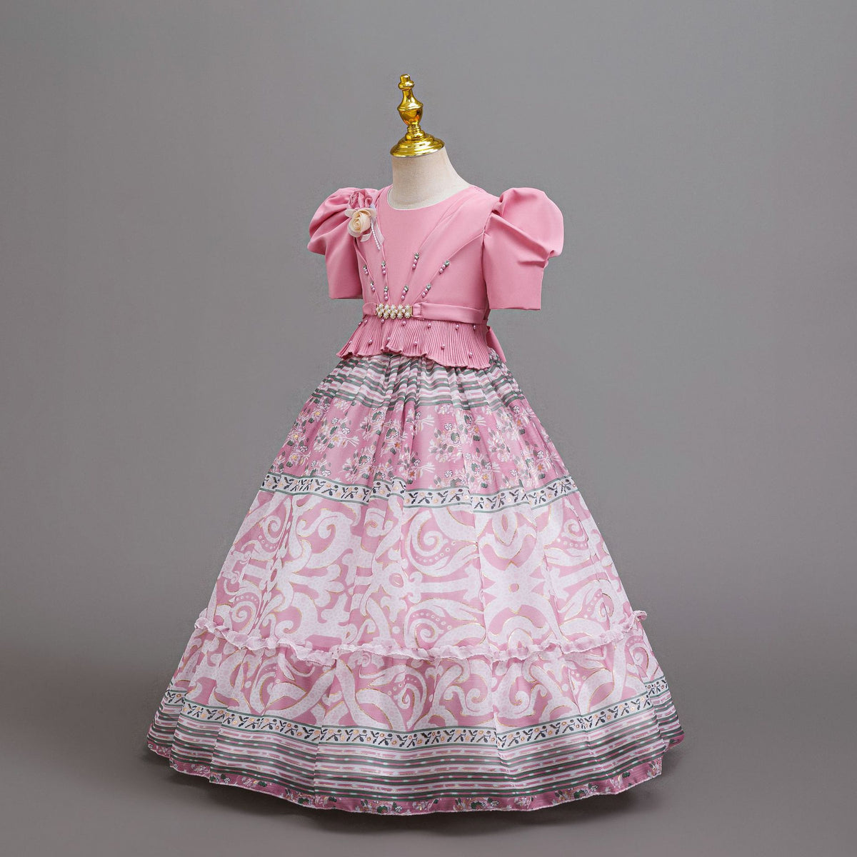 Dusty Pink printed chiffon girls princess gown with puff sleeves, pearl belt and tiered skirt, designed for birthday parties, view 3