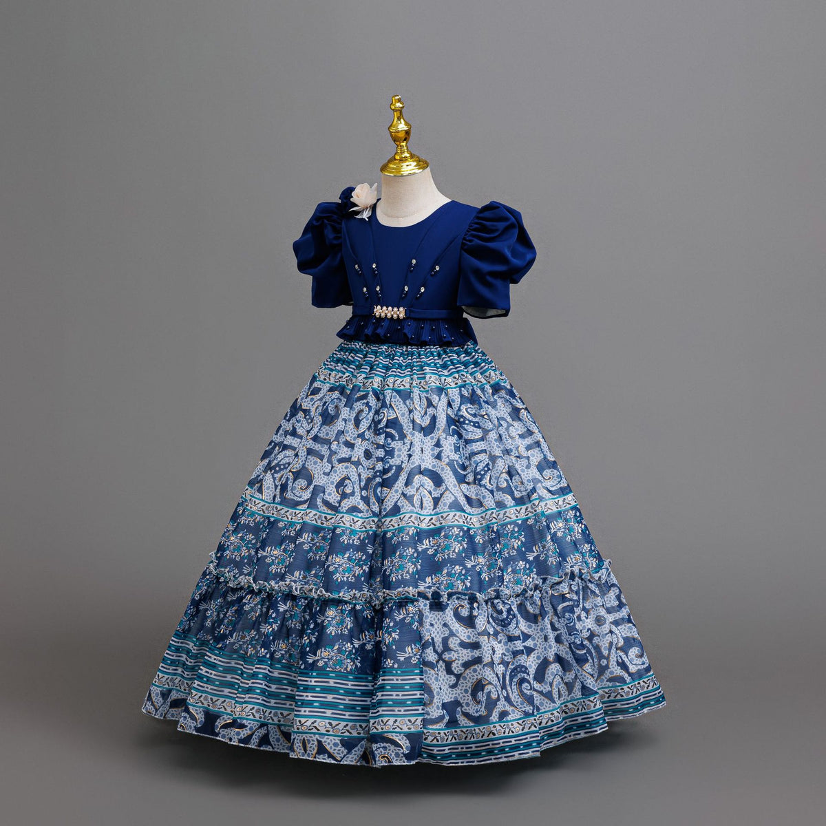 Royal Blue printed chiffon girls princess gown with puff sleeves, pearl belt and tiered skirt, designed for birthday parties, view 2