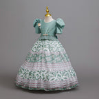 Sage Green printed chiffon girls princess gown with puff sleeves, pearl belt and tiered skirt, designed for birthday parties, view 2