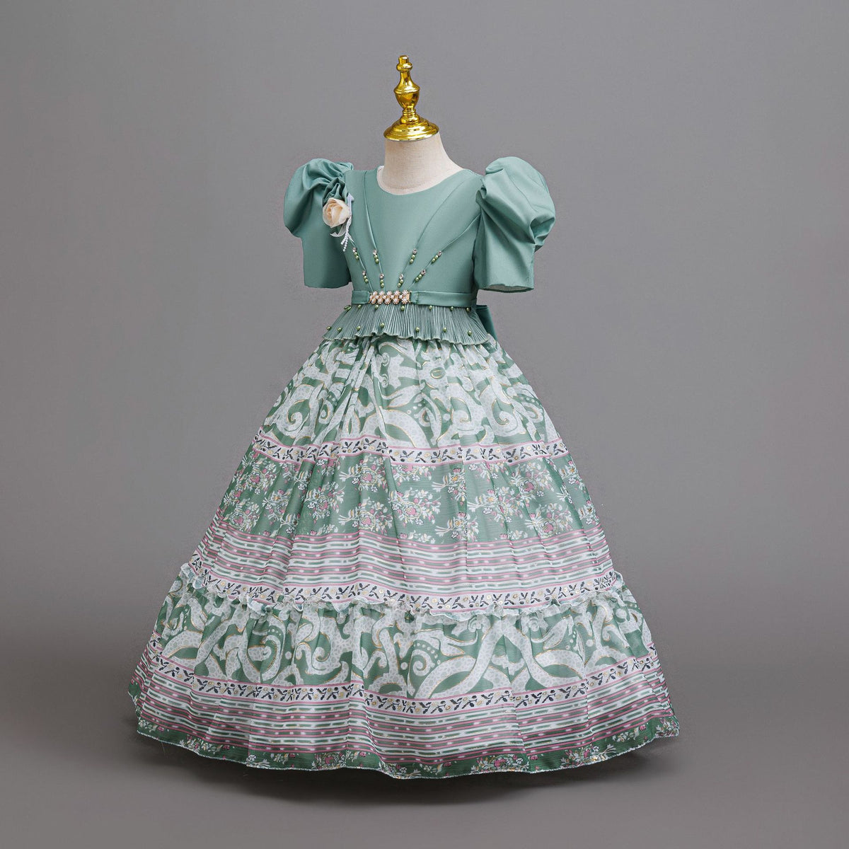 Sage Green printed chiffon girls princess gown with puff sleeves, pearl belt and tiered skirt, designed for birthday parties, view 2