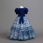Royal Blue printed chiffon girls princess gown back view with zipper and sash bow, designed for birthday parties.