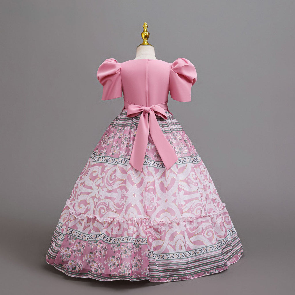 Dusty Pink printed chiffon girls princess gown back view with sash bow, designed for birthday parties.
