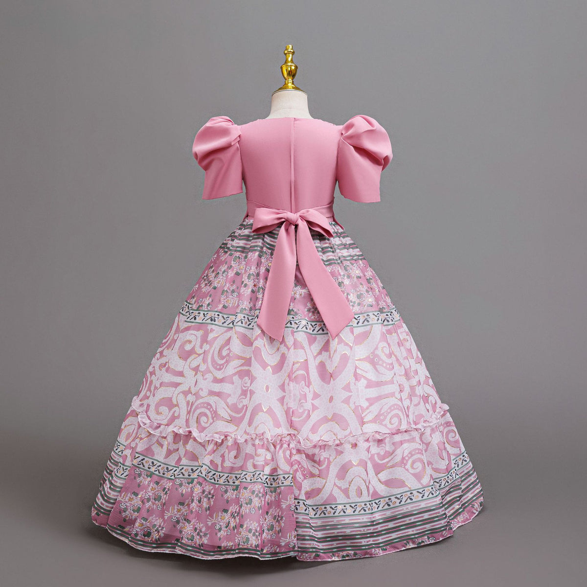Dusty Pink printed chiffon girls princess gown back view with sash bow, designed for birthday parties.