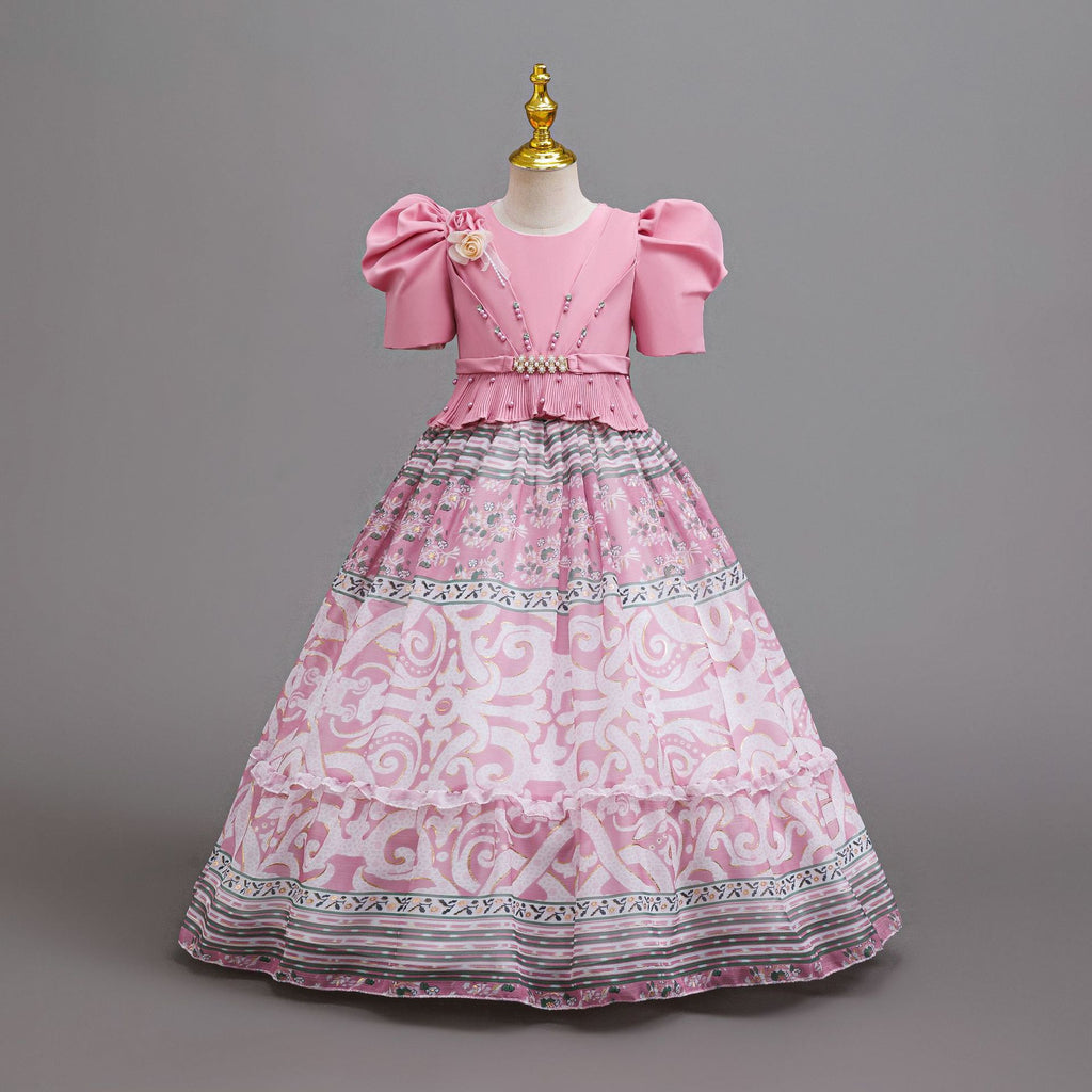 Dusty Pink printed chiffon girls princess gown with puff sleeves, pearl belt and tiered skirt, designed for birthday parties.