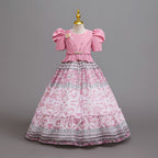 Dusty Pink printed chiffon girls princess gown with puff sleeves, pearl belt and tiered skirt, designed for birthday parties.