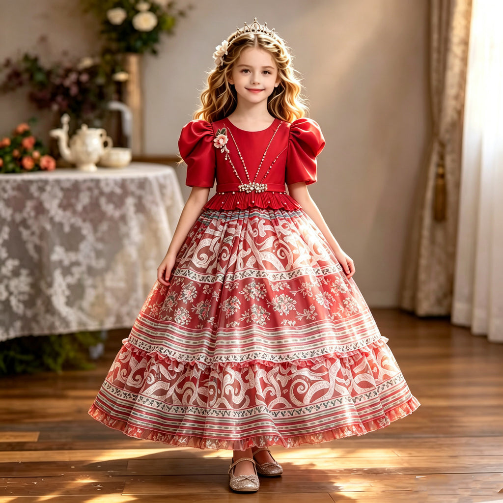 Red printed chiffon girls princess gown with puff sleeves, pearl belt and tiered skirt, designed for birthday parties.