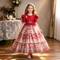 Red printed chiffon girls princess gown with puff sleeves, pearl belt and tiered skirt, designed for birthday parties.