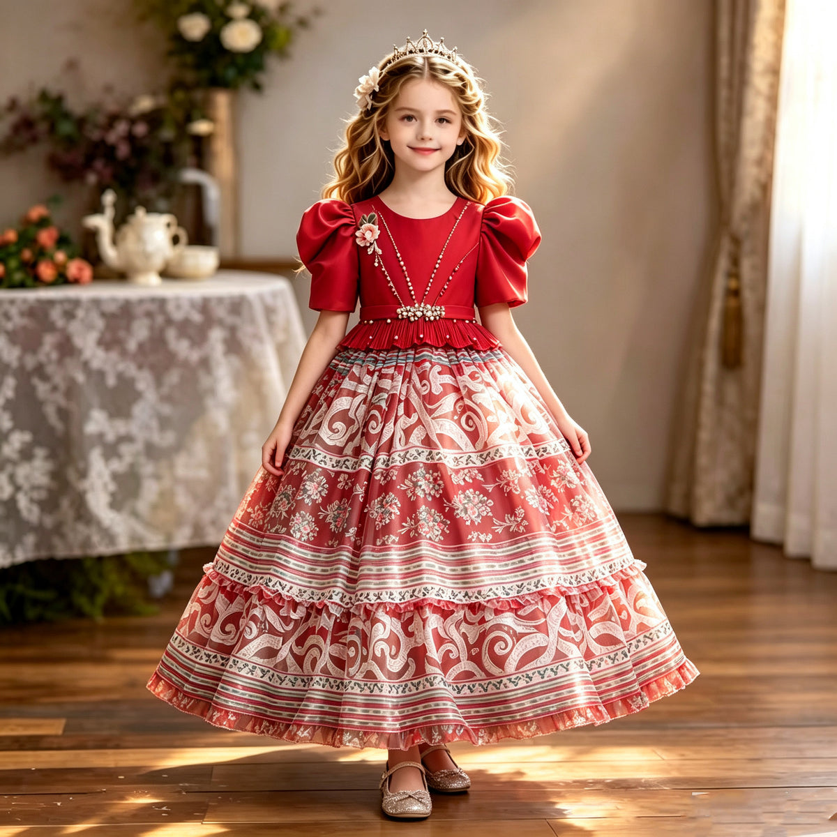 Red printed chiffon girls princess gown with puff sleeves, pearl belt and tiered skirt, designed for birthday parties.