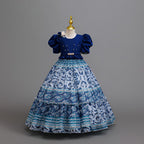 Royal Blue printed chiffon girls princess gown with puff sleeves, pearl belt and tiered skirt, designed for birthday parties.