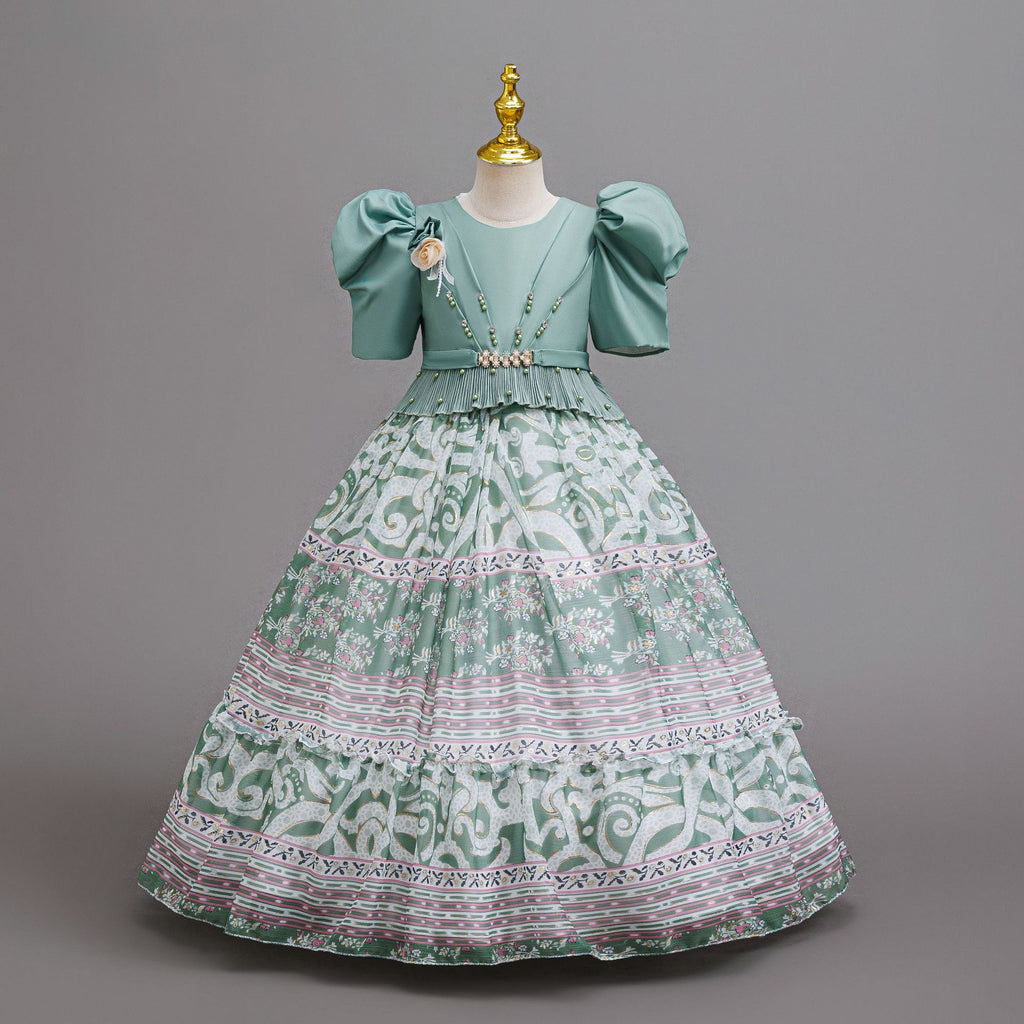 Sage Green printed chiffon girls princess gown with puff sleeves, pearl belt and tiered skirt, designed for birthday parties.