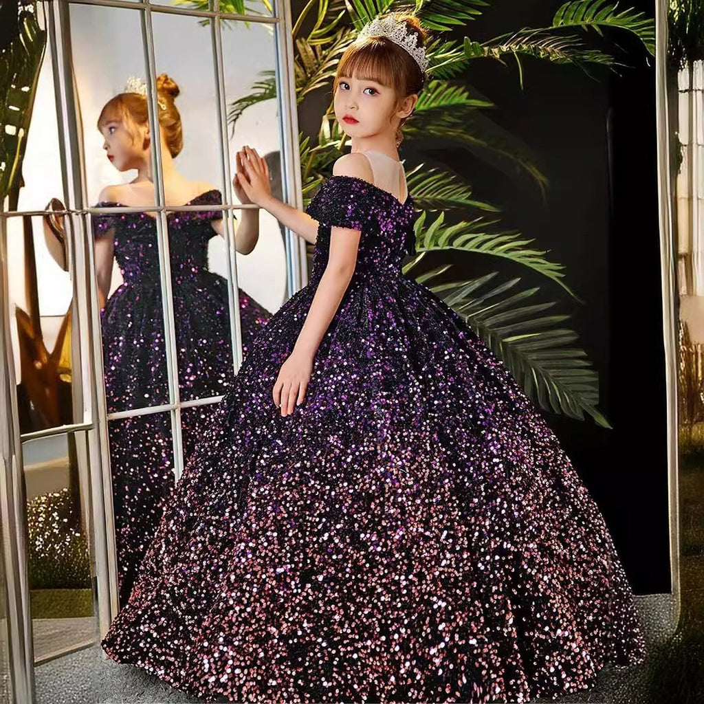 Purple sequin girls formal dress with an off-shoulder bodice and full ball skirt, front view, for a pageant.
