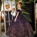 Purple sequin girls formal dress with an off-shoulder bodice and full ball skirt, front view, for a pageant.