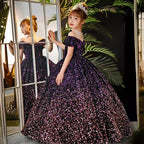 Purple sequin girls formal dress with an off-shoulder bodice and full ball skirt, front view, for a pageant.