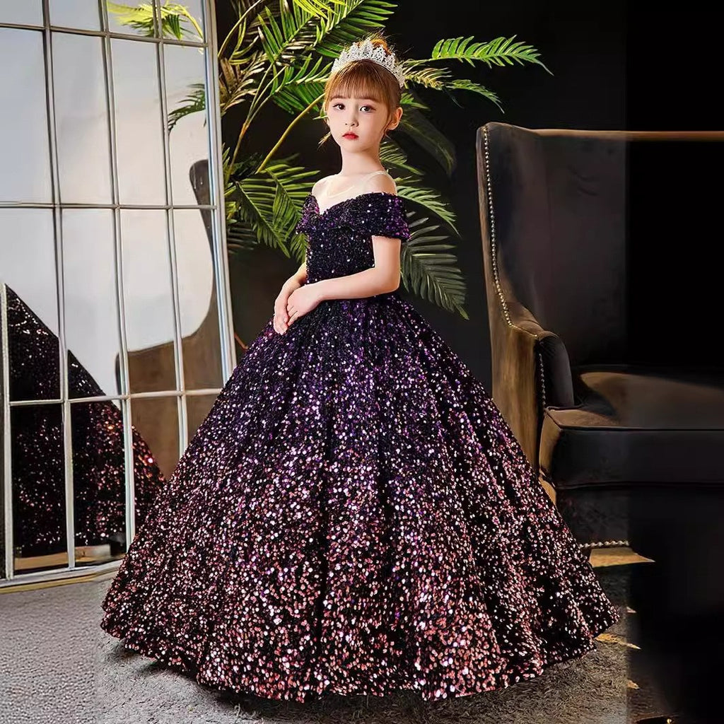 Purple ombre sequin princess dress for girls shading to rose gold at the hem, angled view.