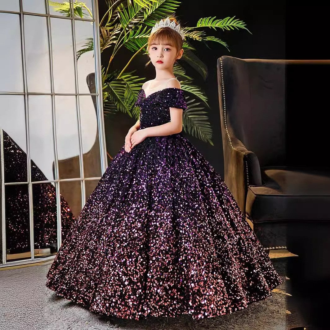 Purple ombre sequin princess dress for girls shading to rose gold at the hem, angled view.