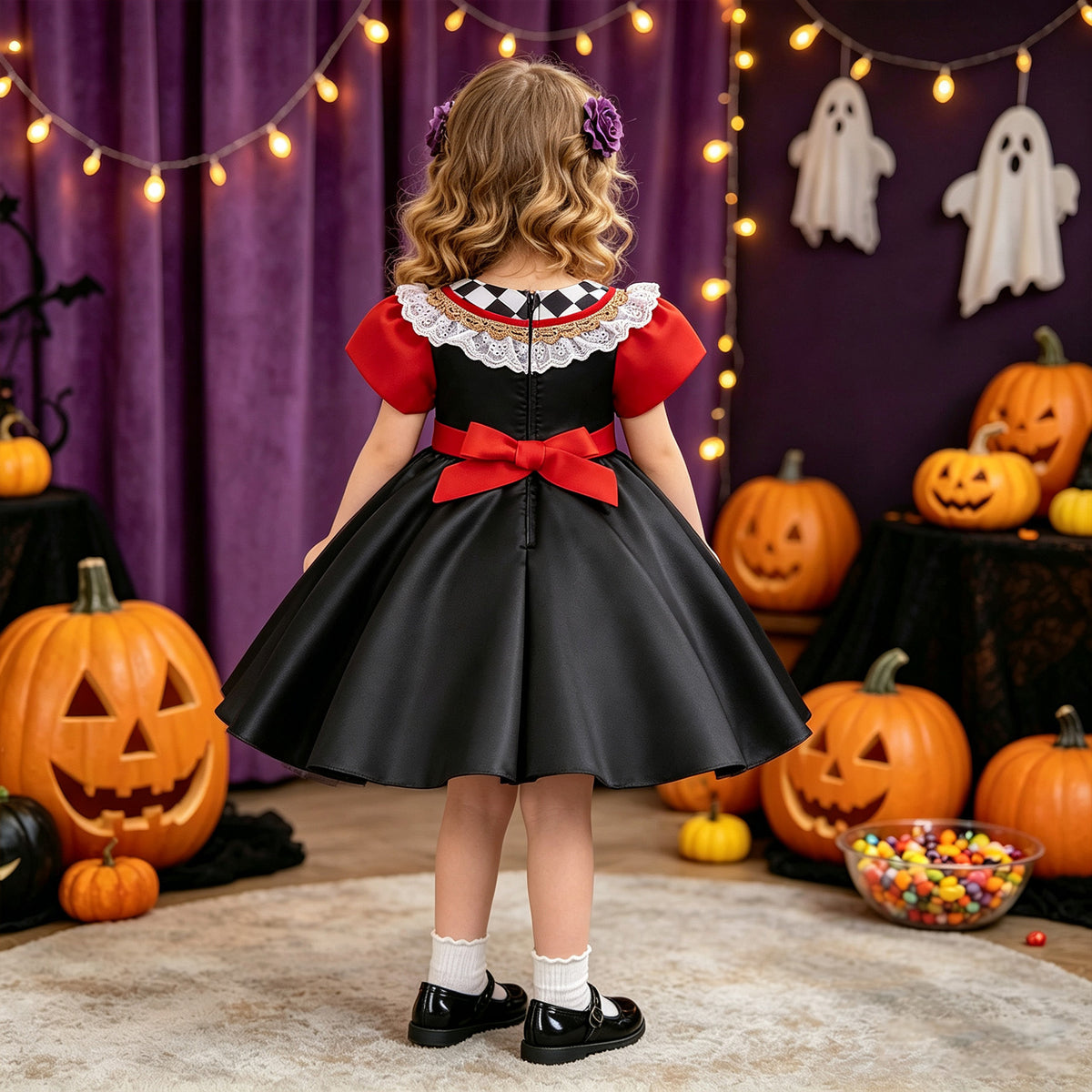 Red and black satin girls Queen of Hearts dress with heart appliqué and puff sleeves, designed for Halloween costume parties, view 3