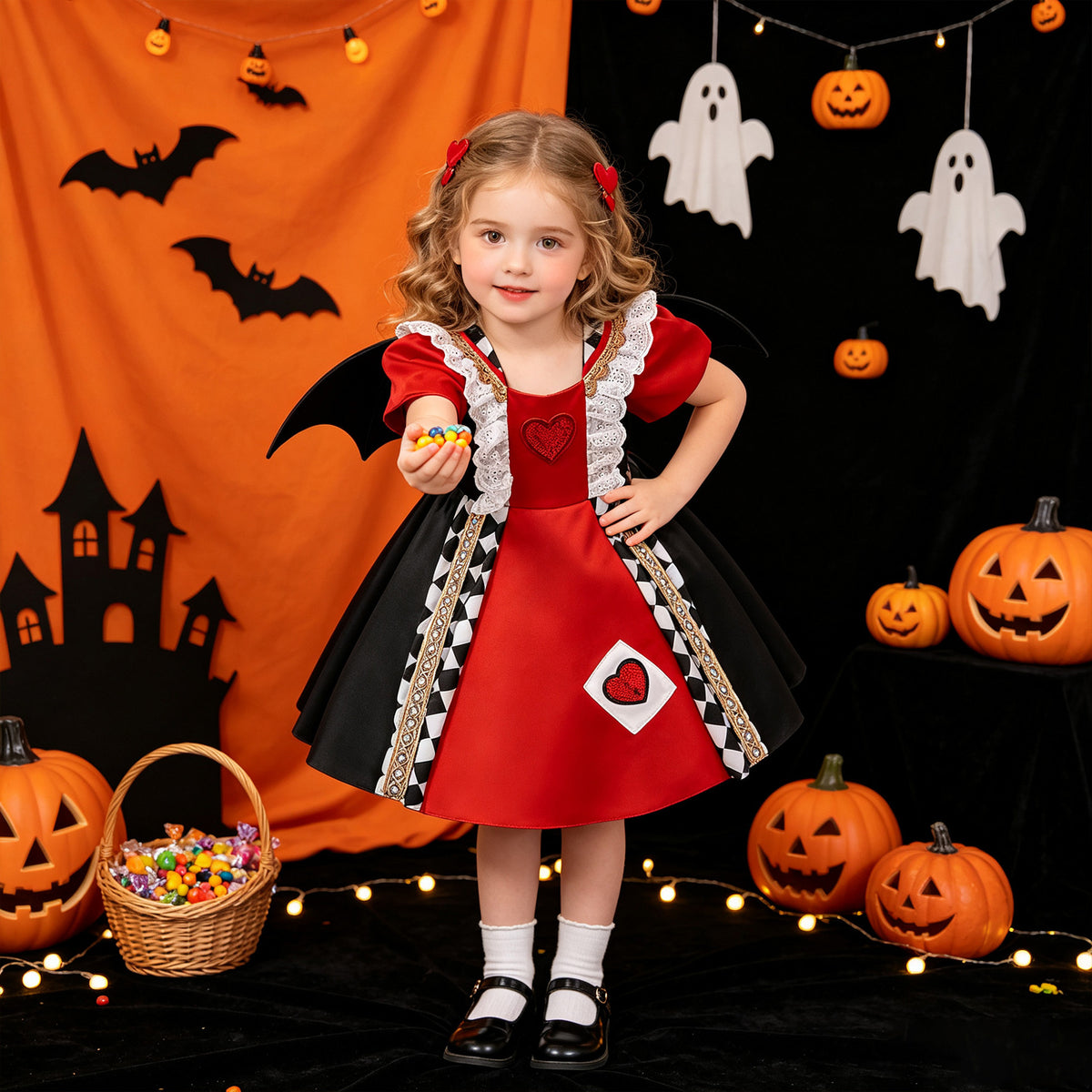 Red and black satin girls Queen of Hearts dress with heart appliqué and puff sleeves, designed for Halloween costume parties.