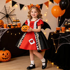Red and black satin girls Queen of Hearts dress with heart appliqué and puff sleeves, designed for Halloween costume parties, view 2