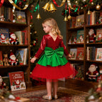 Red and green sequin girls christmas dress with Peter Pan collar, long sleeves, green peplum and back bow, designed for holiday parties, view 10