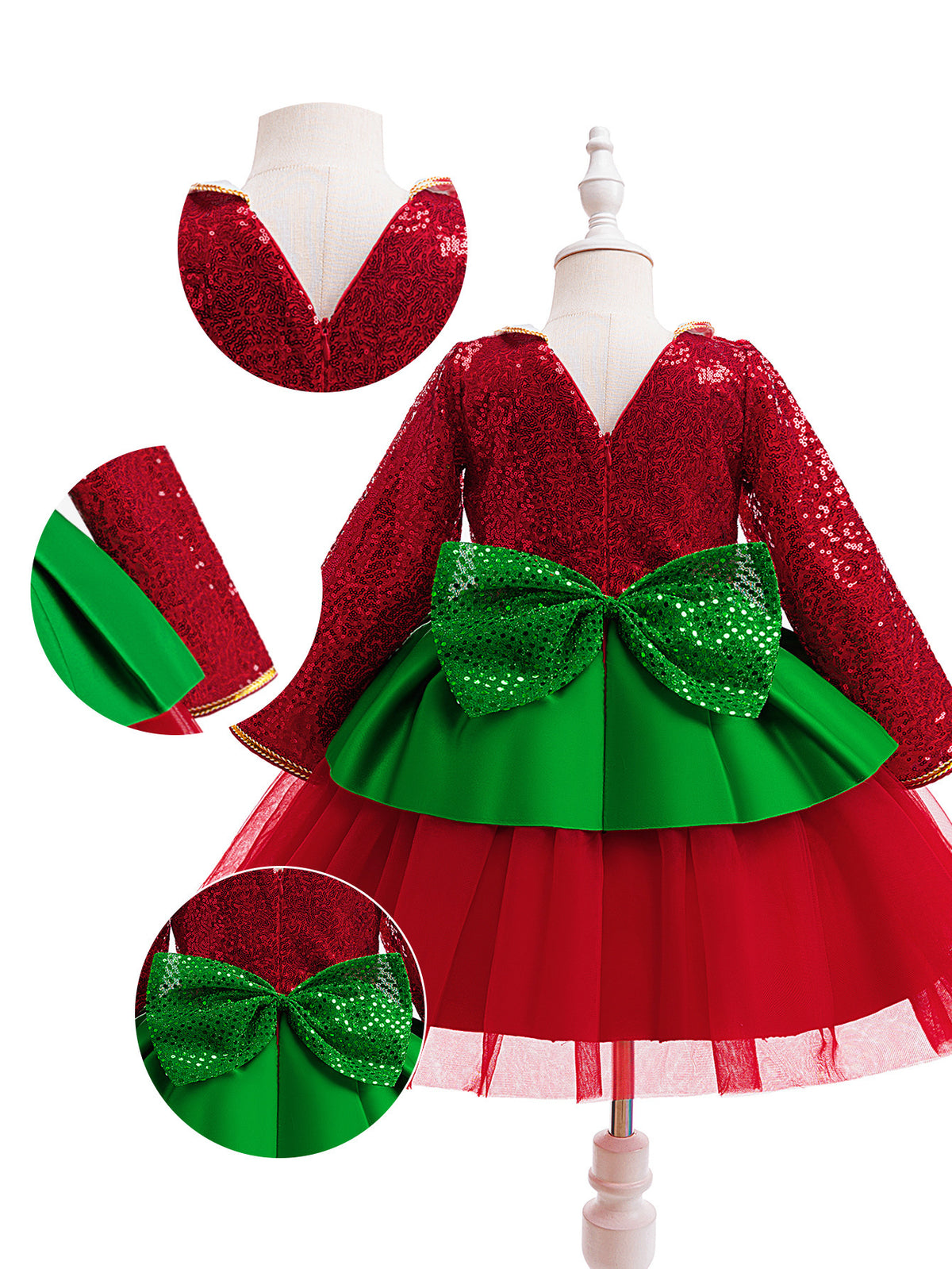 Red and green sequin girls christmas dress with Peter Pan collar, long sleeves, green peplum and back bow, designed for holiday parties, view 11