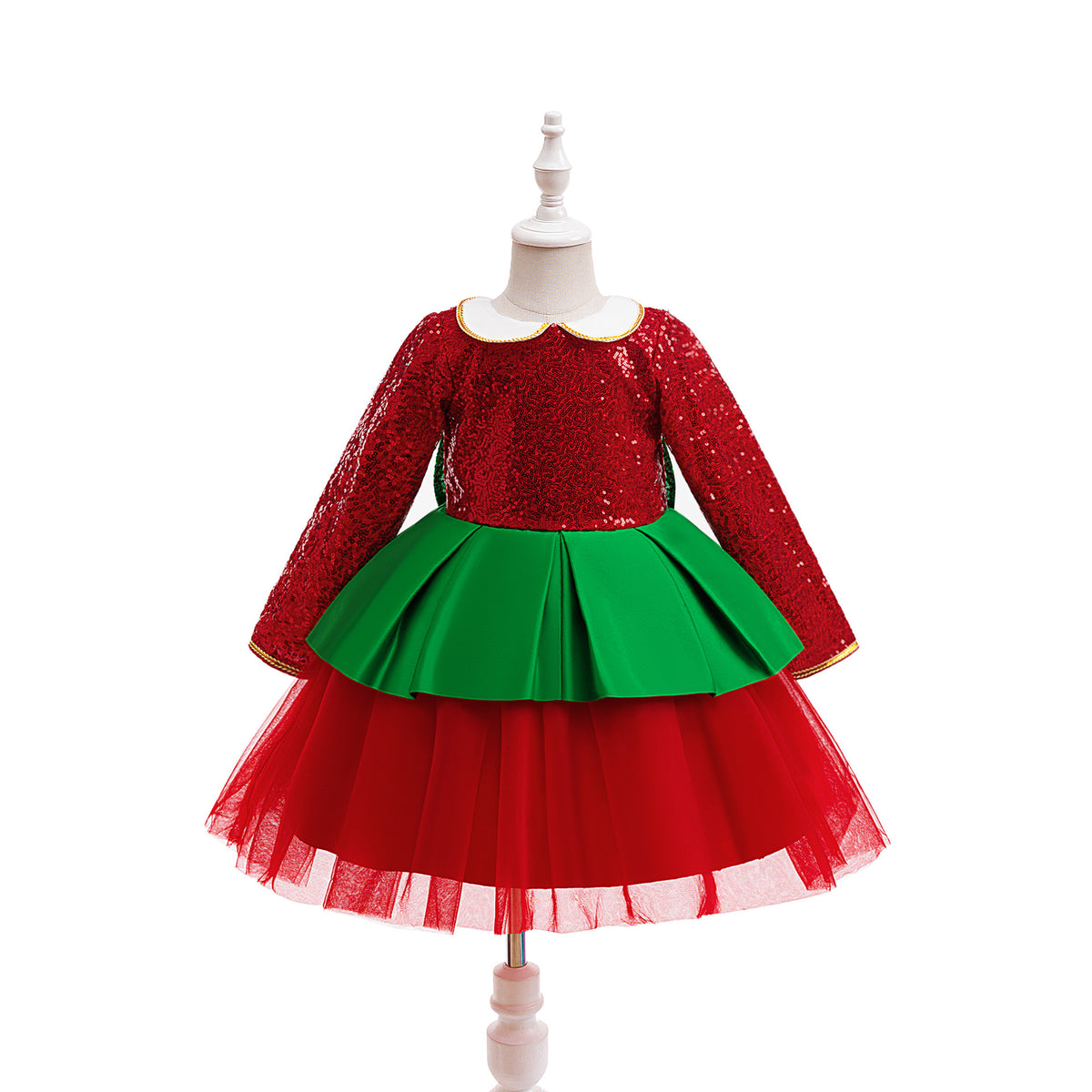 Red and green sequin girls christmas dress with Peter Pan collar, long sleeves, green peplum and back bow, designed for holiday parties, view 12