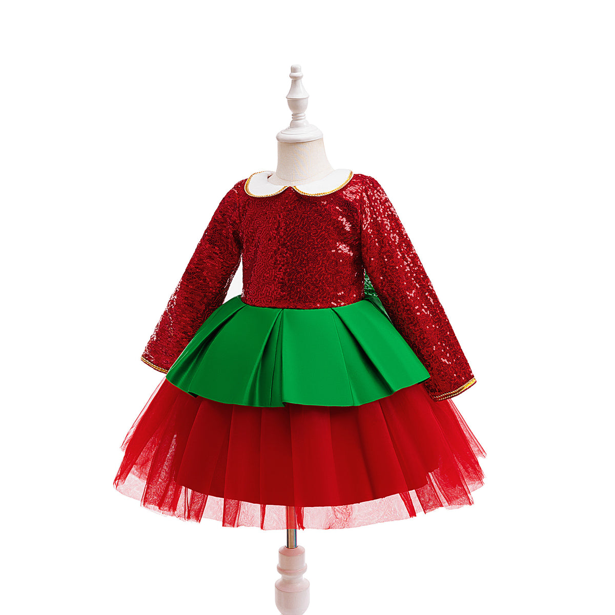 Red and green sequin girls christmas dress with Peter Pan collar, long sleeves, green peplum and back bow, designed for holiday parties, view 13