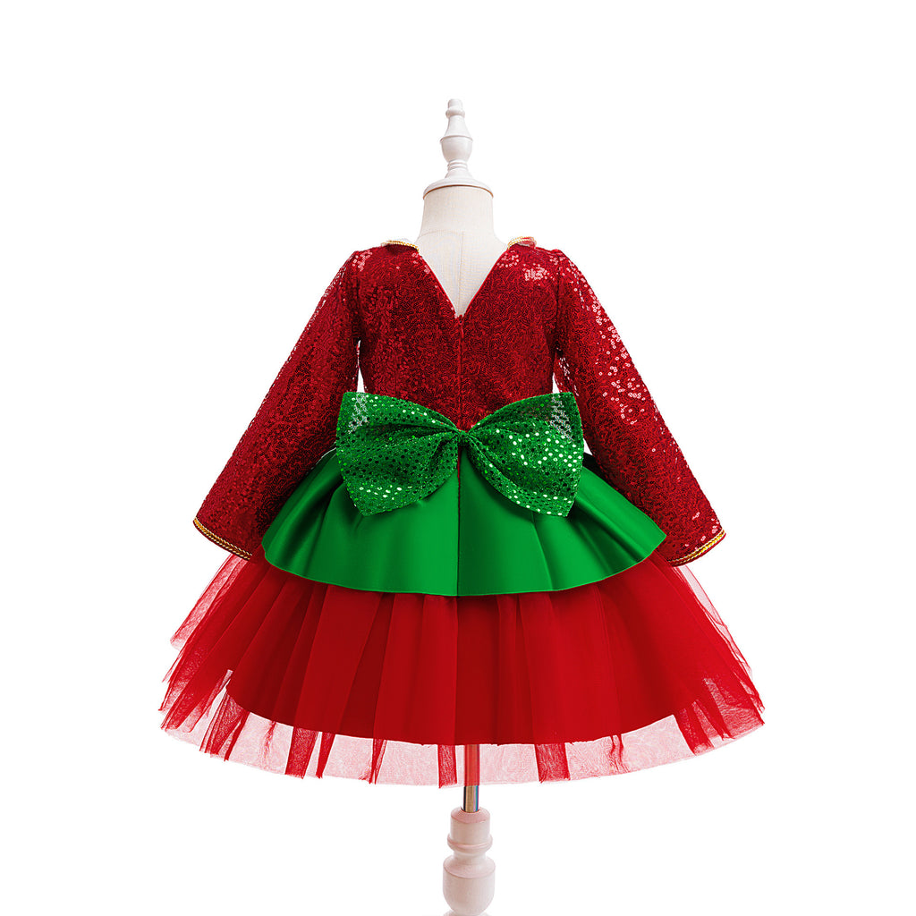 Red and green sequin girls christmas dress with Peter Pan collar, long sleeves, green peplum and back bow, designed for holiday parties, view 14
