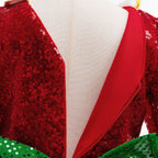 Red and green sequin girls christmas dress with Peter Pan collar, long sleeves, green peplum and back bow, designed for holiday parties, view 15