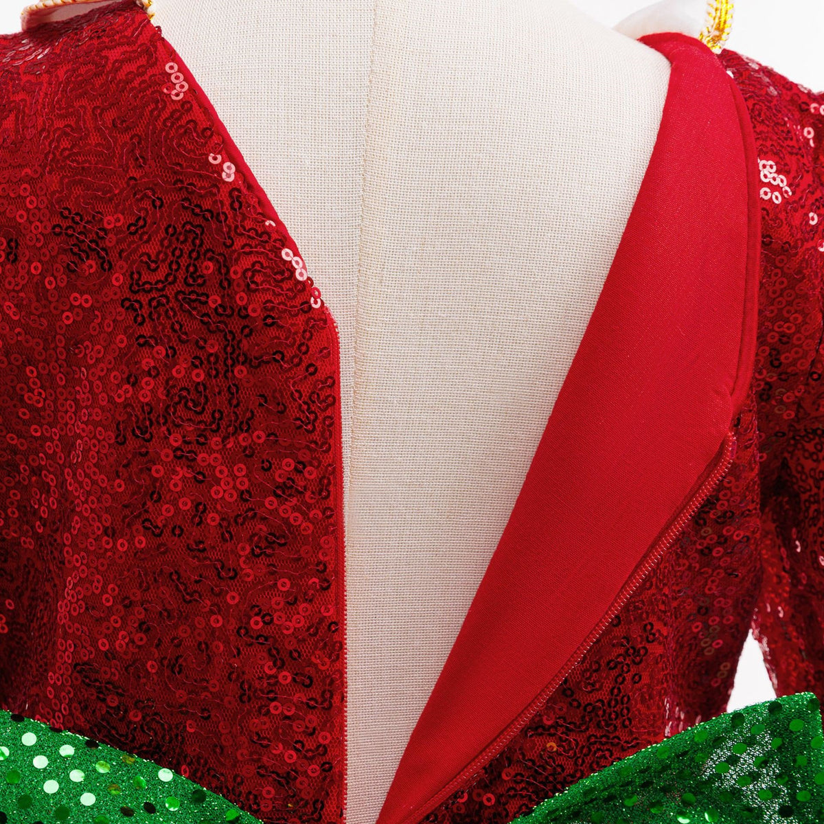 Red and green sequin girls christmas dress with Peter Pan collar, long sleeves, green peplum and back bow, designed for holiday parties, view 15