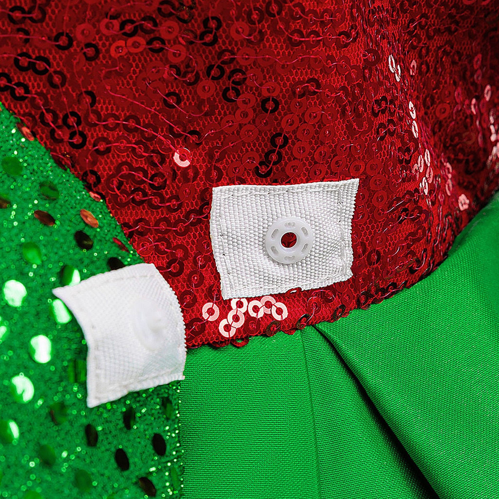 Red and green sequin girls christmas dress with Peter Pan collar, long sleeves, green peplum and back bow, designed for holiday parties, view 16