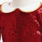 Red and green sequin girls christmas dress with Peter Pan collar, long sleeves, green peplum and back bow, designed for holiday parties, view 17