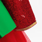 Red and green sequin girls christmas dress with Peter Pan collar, long sleeves, green peplum and back bow, designed for holiday parties, view 18