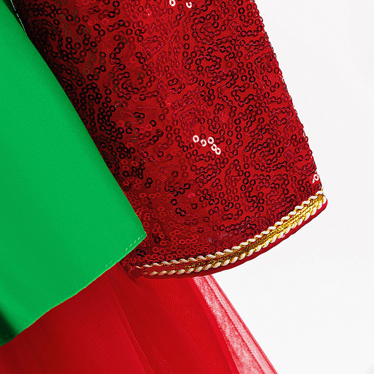 Red and green sequin girls christmas dress with Peter Pan collar, long sleeves, green peplum and back bow, designed for holiday parties, view 18