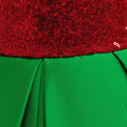 Red and green sequin girls christmas dress with Peter Pan collar, long sleeves, green peplum and back bow, designed for holiday parties, view 19