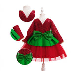 Red and green sequin girls christmas dress with Peter Pan collar, long sleeves, green peplum and back bow, designed for holiday parties, view 4