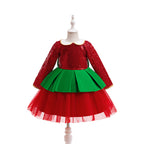 Red and green sequin girls christmas dress with Peter Pan collar, long sleeves, green peplum and back bow, designed for holiday parties, view 5