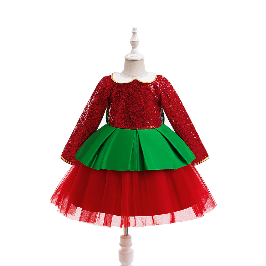 Red and green sequin girls christmas dress with Peter Pan collar, long sleeves, green peplum and back bow, designed for holiday parties, view 6